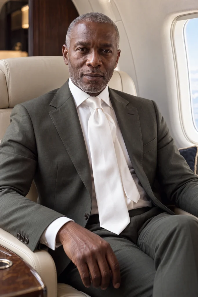 Plain white silk satin tie, worn with a shirt and suit.