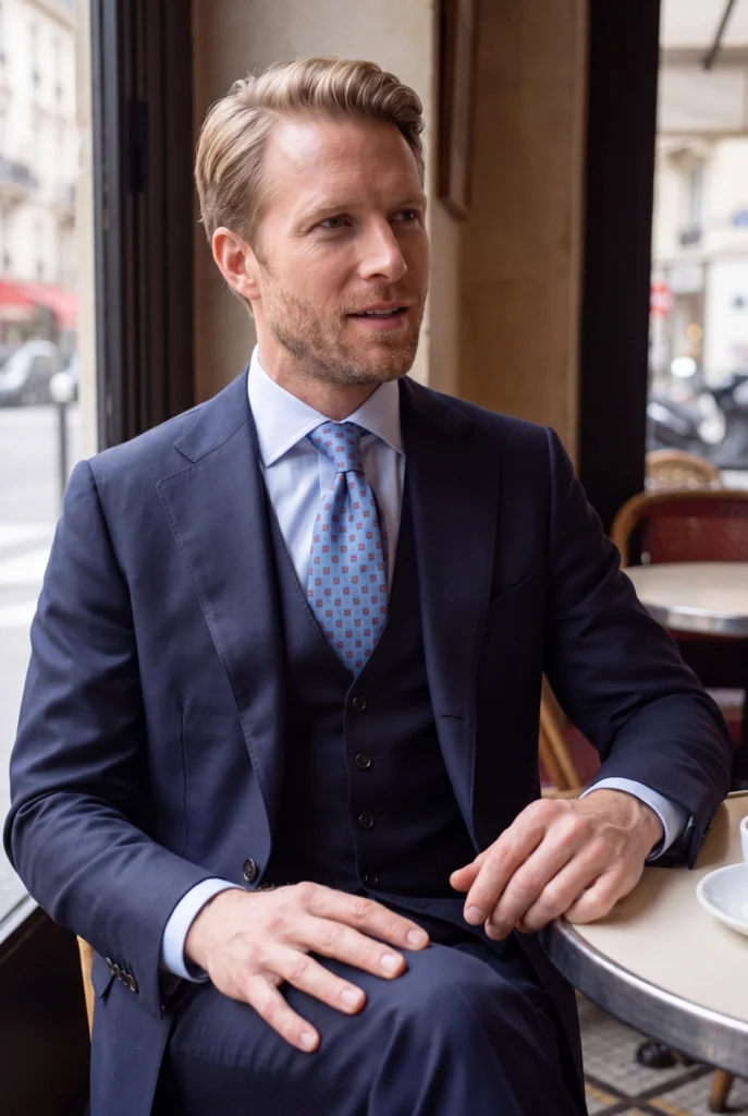 Cravate bleu ciel en soie, portée avec une chemise et un costume.