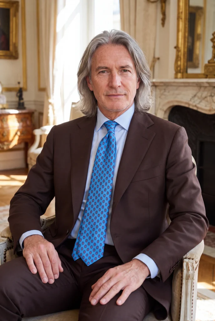 Cravate bleu clair à motif cachemire en soie, portée avec une chemise et un costume.