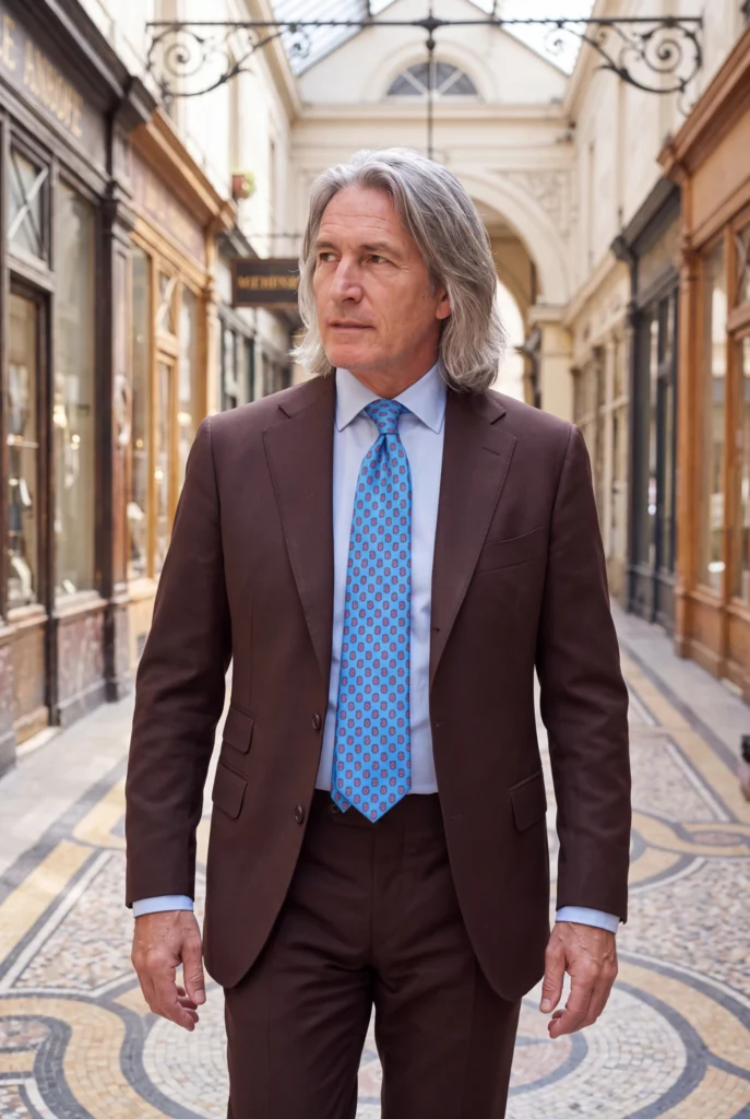 Cravate bleu clair à motif cachemire en soie, portée avec une chemise et un costume.