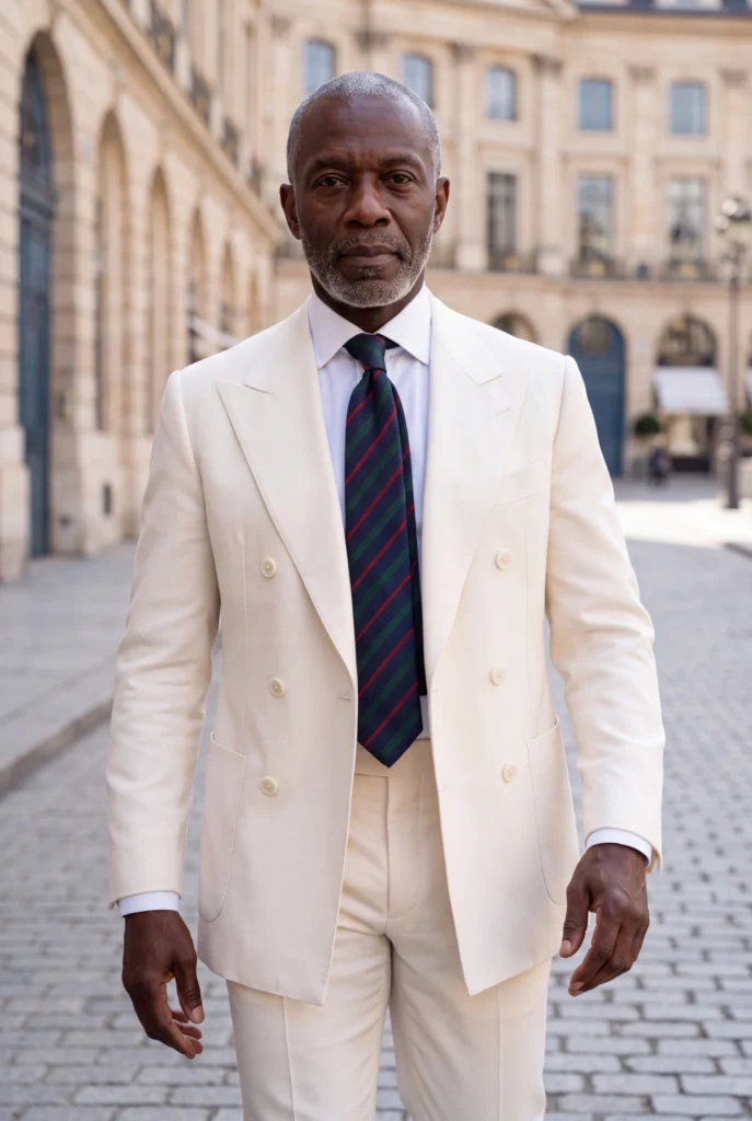 Cravate bleu et vert à rayures en soie, portée avec une chemise et un costume.