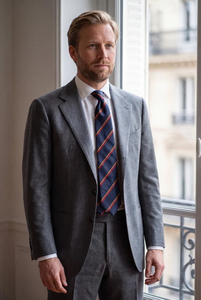 Cravate bleu marine rayée en soie, portée avec une chemise et un costume.