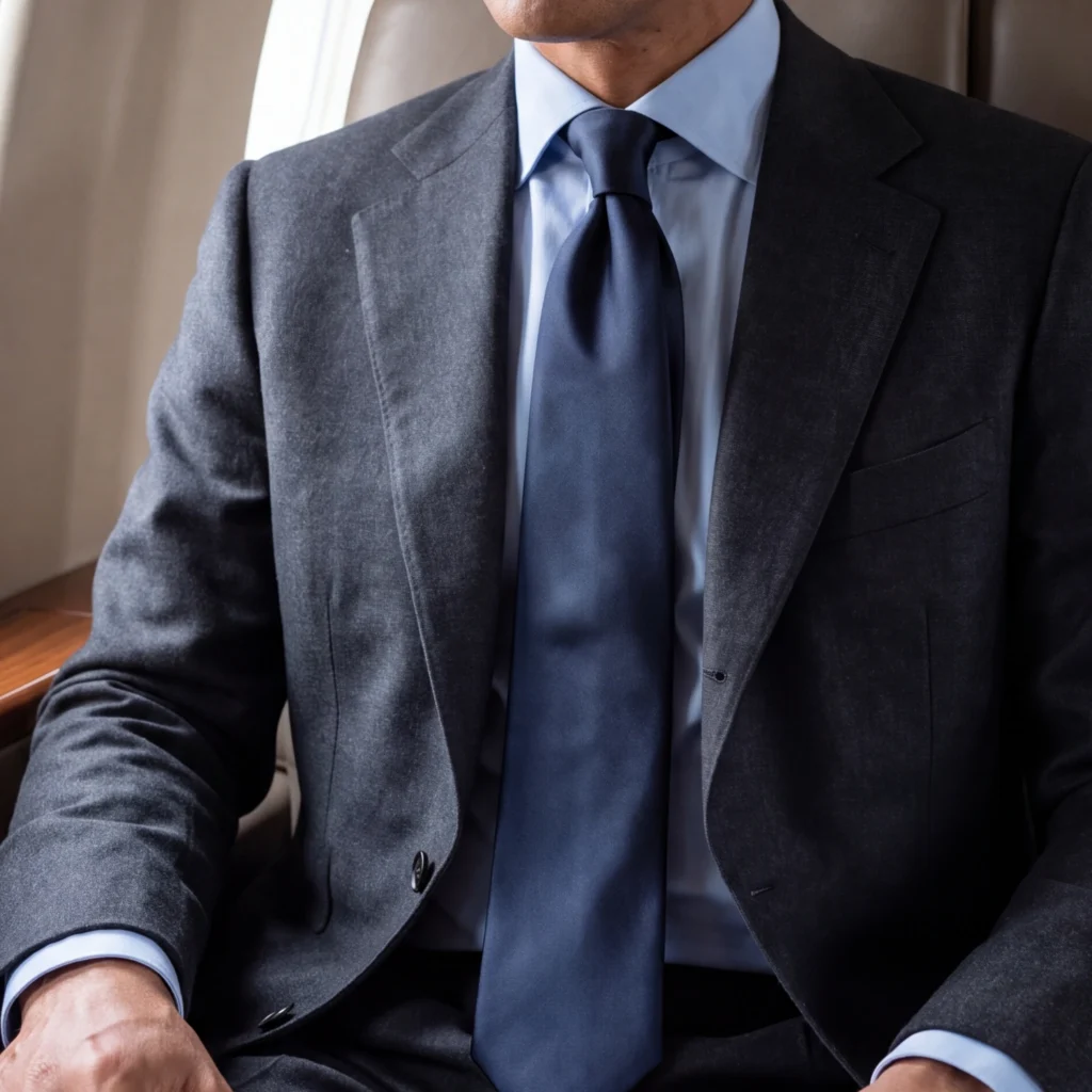 Plain navy blue silk satin tie, cropped detail of the pattern and fabric in the styling image.