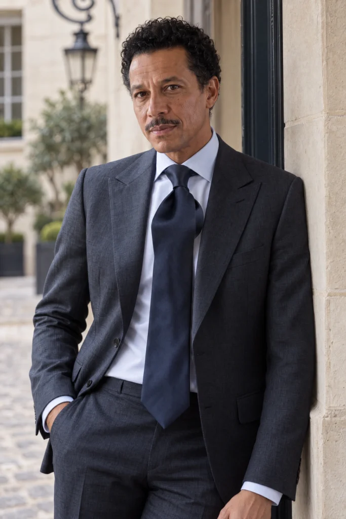 Plain navy blue silk satin tie, worn with a shirt and suit.