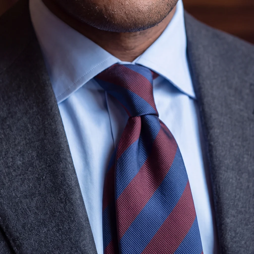 Cravate bleu navy rayures blocs en soie, détail recadré du motif et du tissu de la vue portée.