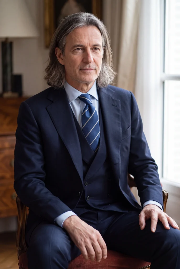 Cravate bleu profond à rayures en soie, portée avec une chemise et un costume.