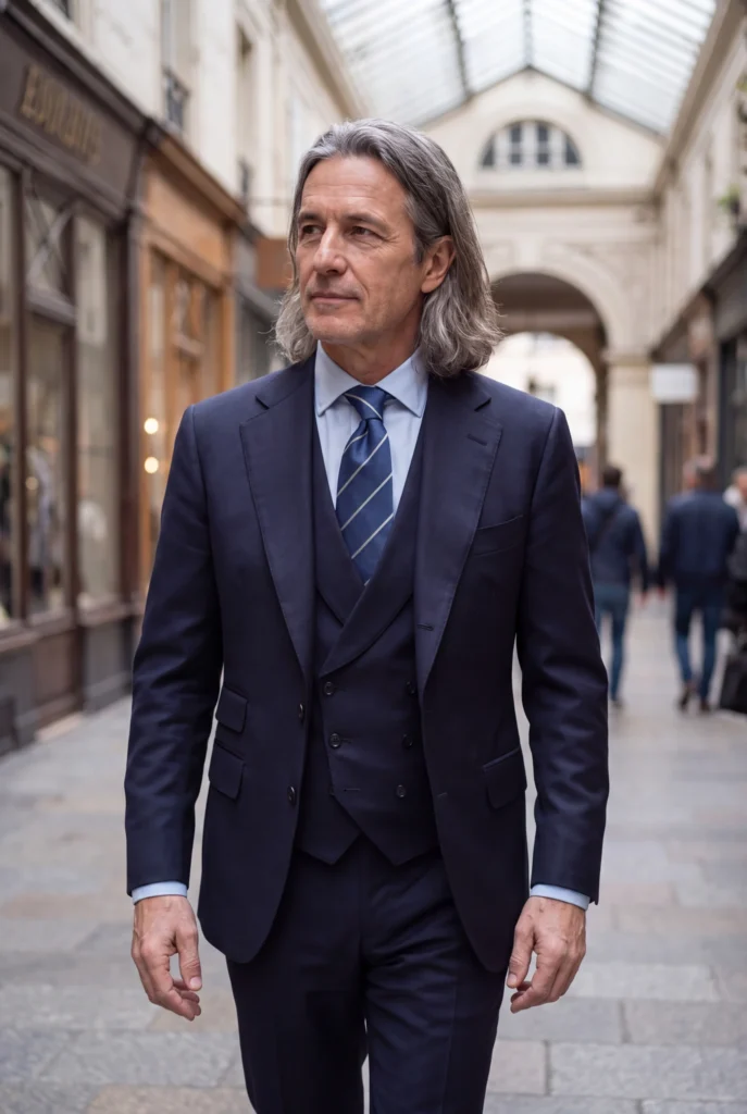 Cravate bleu profond à rayures en soie, portée avec une chemise et un costume.