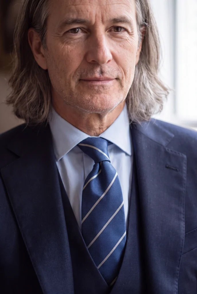 Cravate bleu profond à rayures en soie, portée avec une chemise et une veste, vue rapprochée.