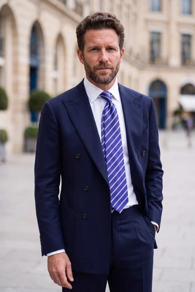 Cravate bleu violet à rayures en soie, portée avec une chemise et un costume.
