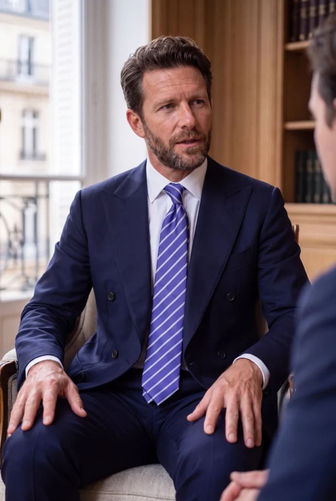 Cravate bleu violet à rayures en soie, portée avec une chemise et un costume.