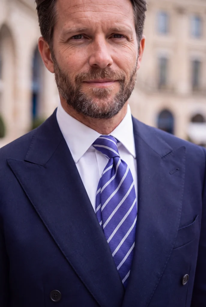 Cravate bleu violet à rayures en soie, portée avec une chemise et une veste, vue rapprochée.