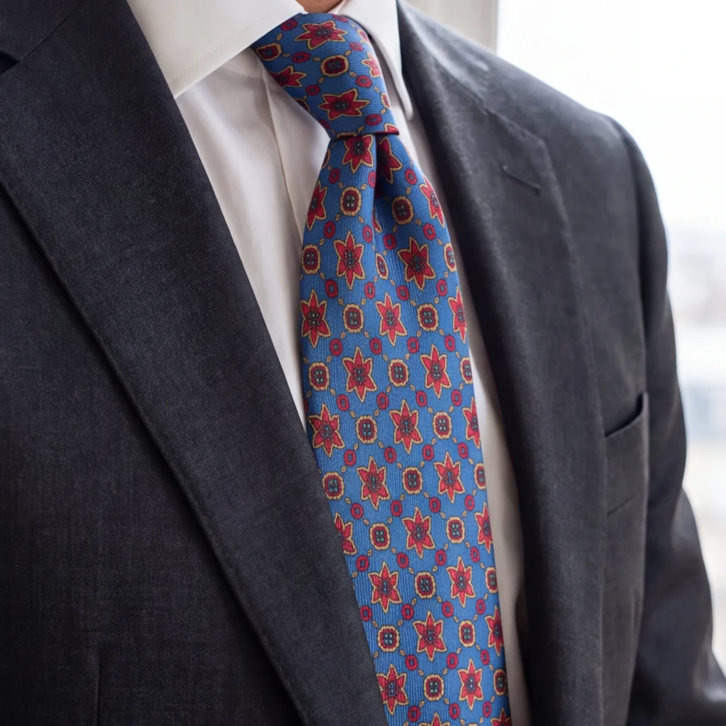 Blue ancient madder silk tie with red and yellow geometric pattern, cropped detail of the pattern and fabric in the styling image.