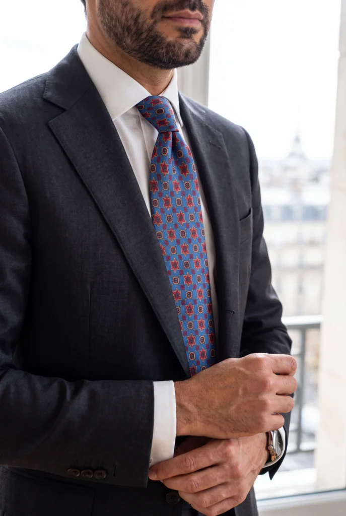 Blue ancient madder silk tie with red and yellow geometric pattern, worn with a shirt and suit.
