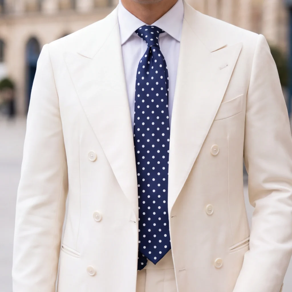 Cravate bleue à pois blancs en soie, détail recadré du motif et du tissu de la vue portée.