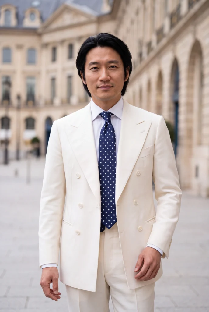 Cravate bleue à pois blancs en soie, portée avec une chemise et un costume.