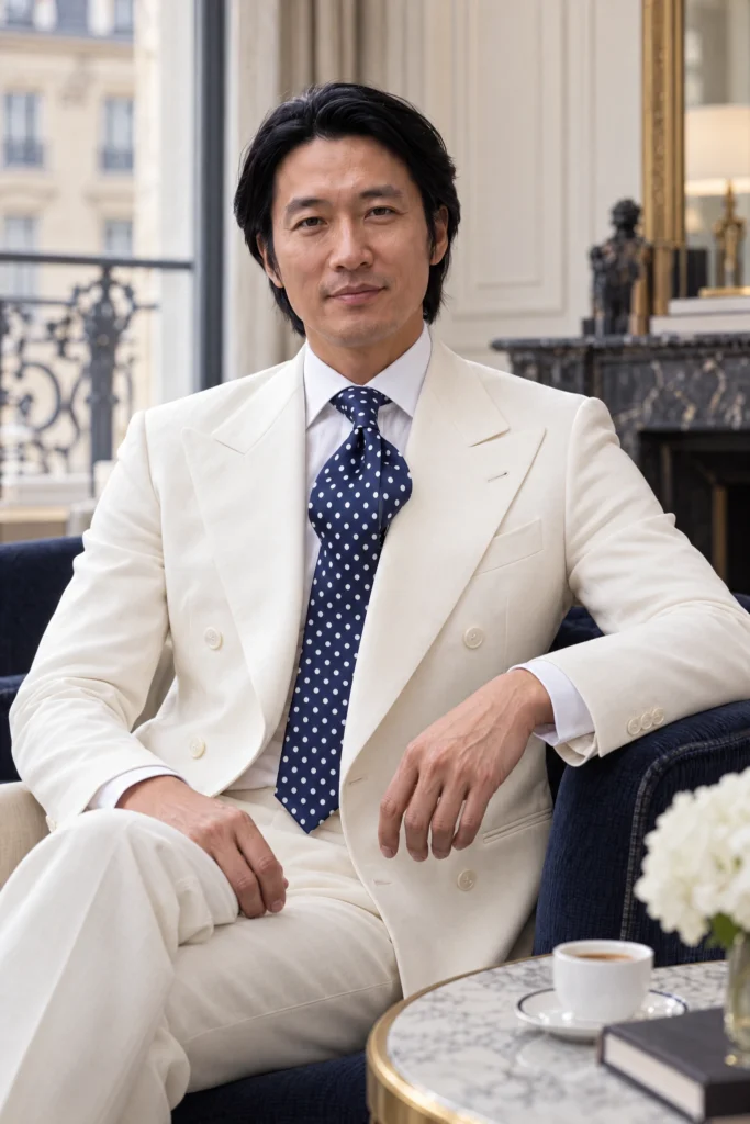 Cravate bleue à pois blancs en soie, portée avec une chemise et un costume.