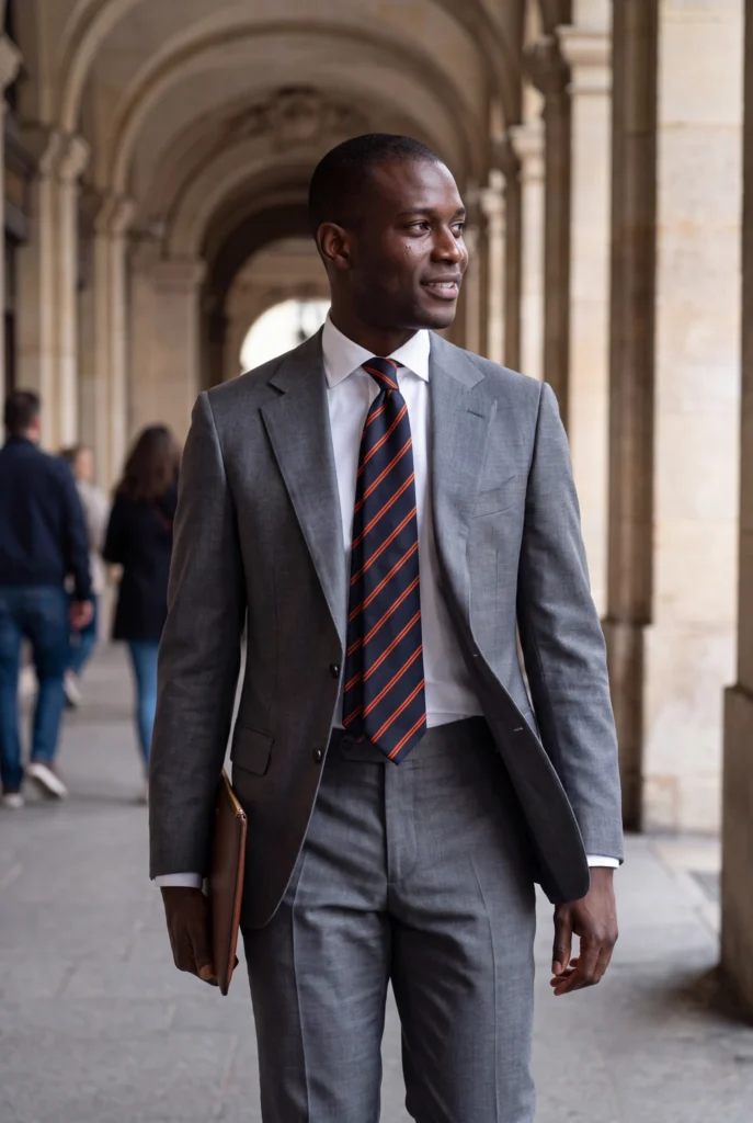 Cravate bleue à rayures en soie, portée avec une chemise et un costume.