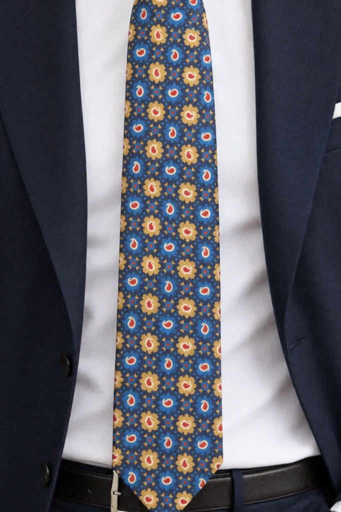 Cravate bleue en soie à petits motifs ornementaux, détail recadré du motif et du tissu de la vue portée.