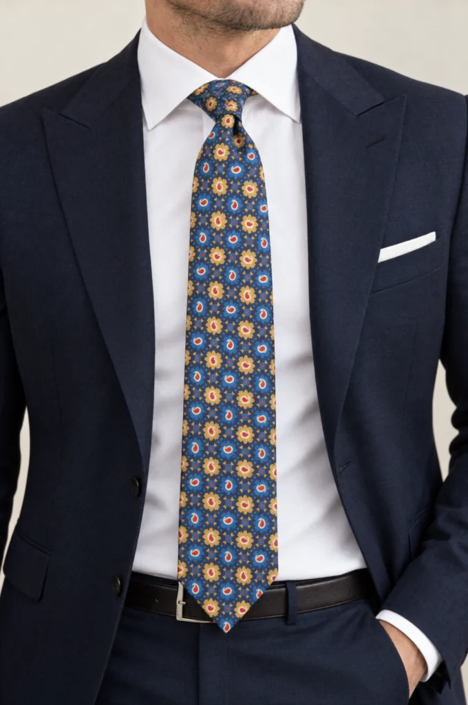 Cravate bleue en soie à petits motifs ornementaux, portée avec une chemise et une veste, vue rapprochée.