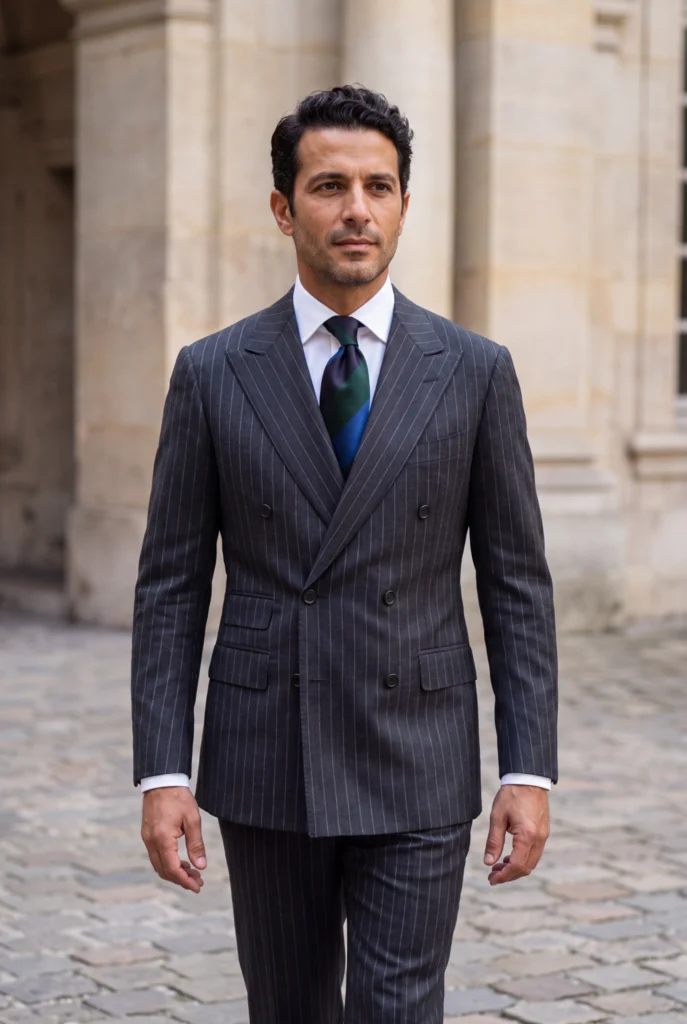 Cravate bleue rayures blocs en soie, portée avec une chemise et un costume.
