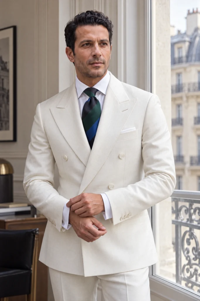 Cravate bleue rayures blocs en soie, portée avec une chemise et un costume.