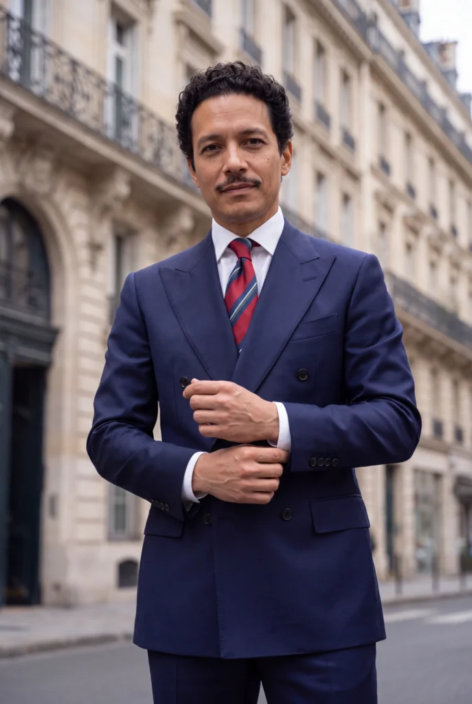 Burgundy striped woven silk tie, worn with a shirt and suit.