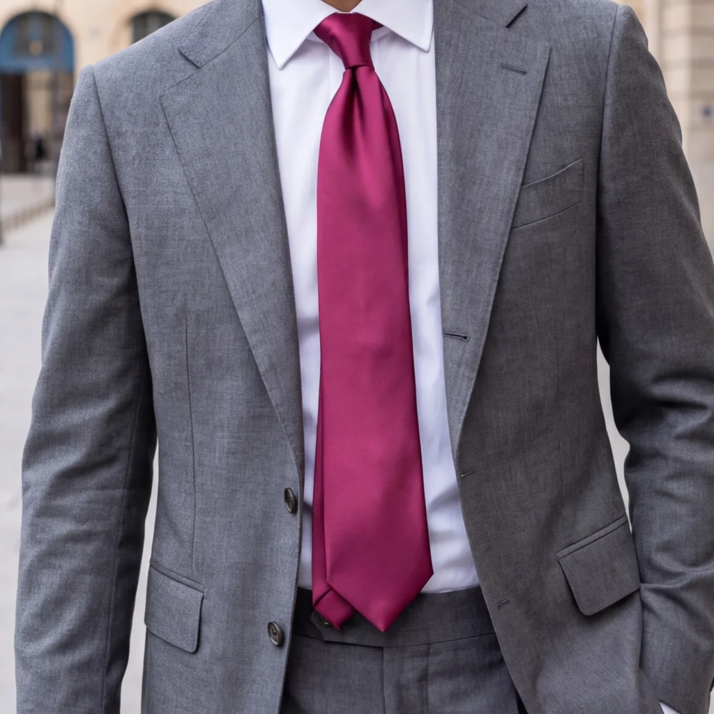 Plain burgundy silk satin tie, cropped detail of the pattern and fabric in the styling image.