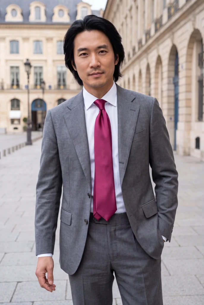 Cravate bordeaux unie en soie, portée avec une chemise et un costume.