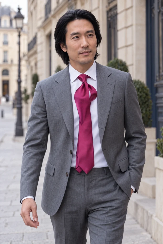 Cravate bordeaux unie en soie, portée avec une chemise et un costume.