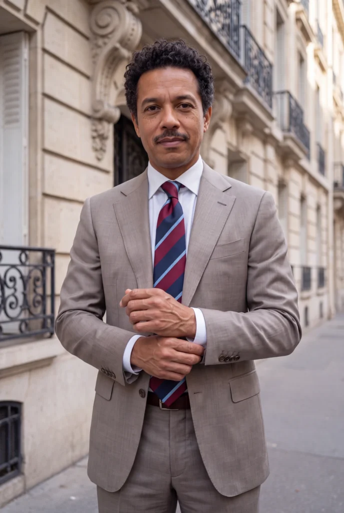 Cravate club bleu et rouge à rayures en soie, portée avec une chemise et un costume.