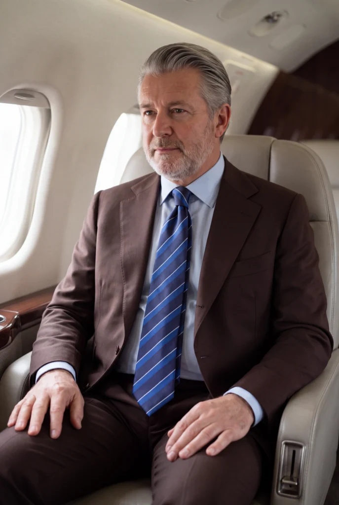 Cravate club bleu marine en soie, portée avec une chemise et un costume.