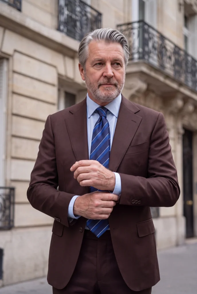 Cravate club bleu marine en soie, portée avec une chemise et un costume.