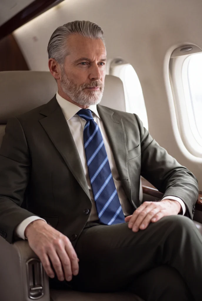Cravate club marine en soie, portée avec une chemise et un costume.
