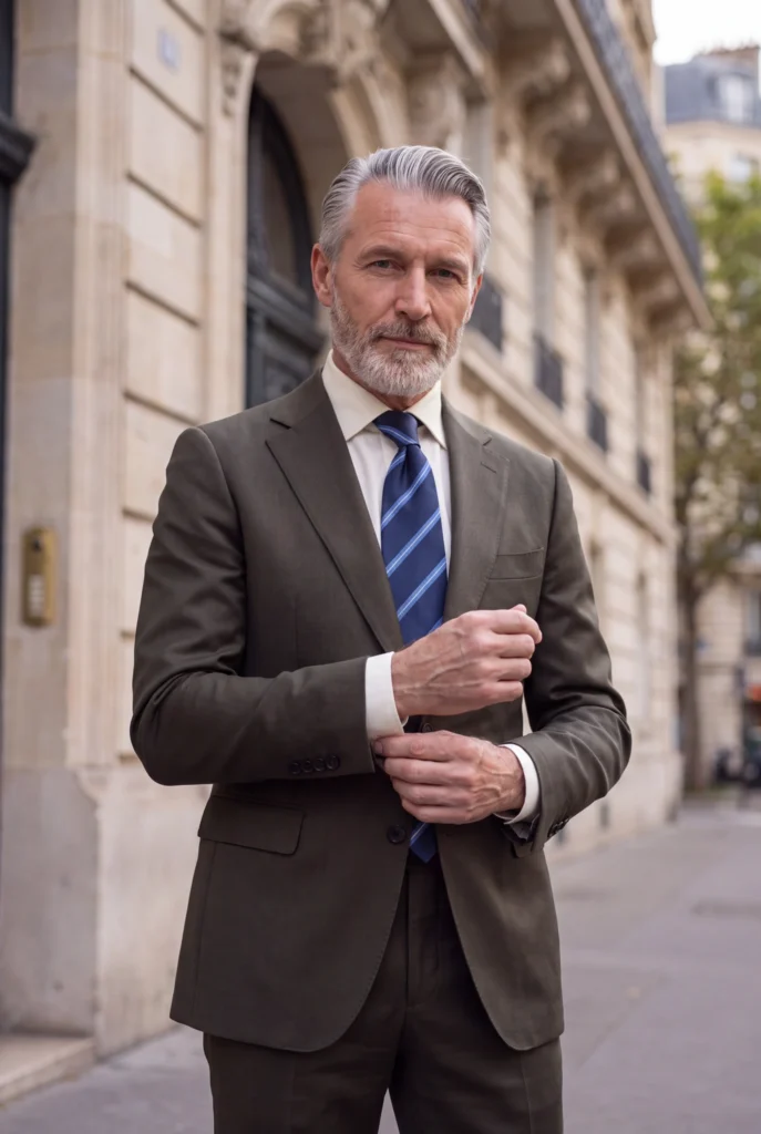 Cravate club marine en soie, portée avec une chemise et un costume.