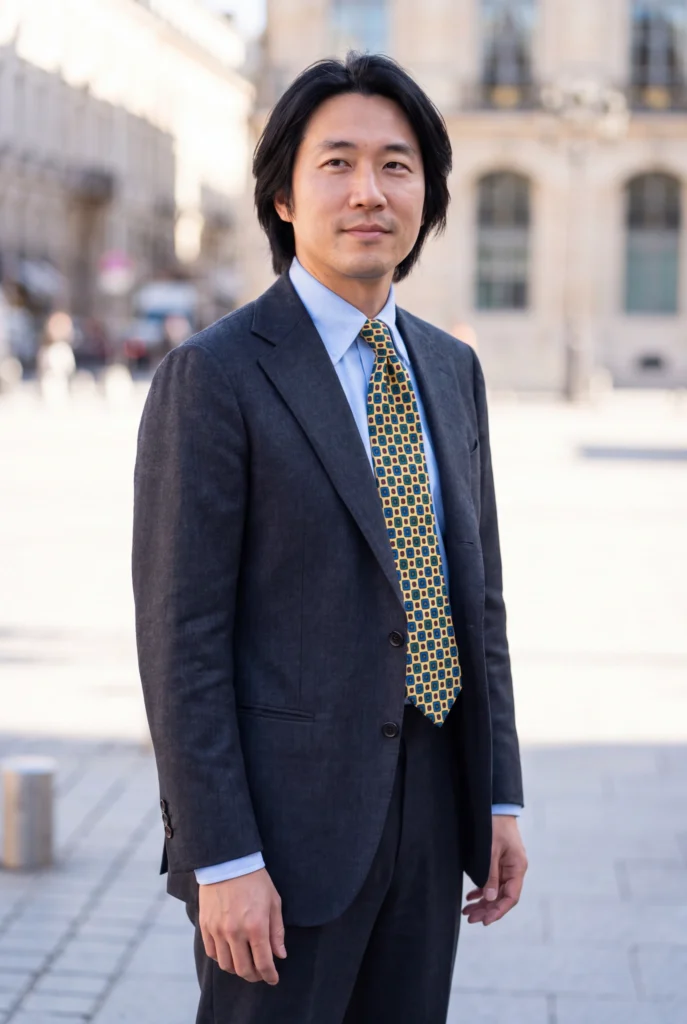 Cravate jaune en soie, portée avec une chemise et un costume.