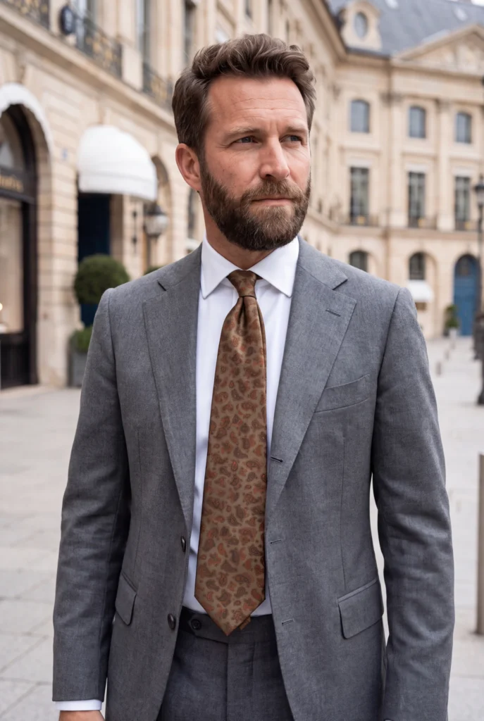 Cravate kaki motif cachemire en soie, portée avec une chemise et un costume.