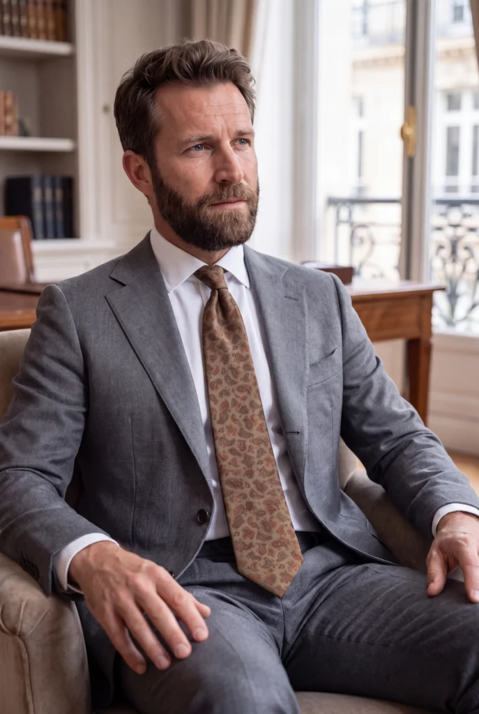 Cravate kaki motif cachemire en soie, portée avec une chemise et un costume.