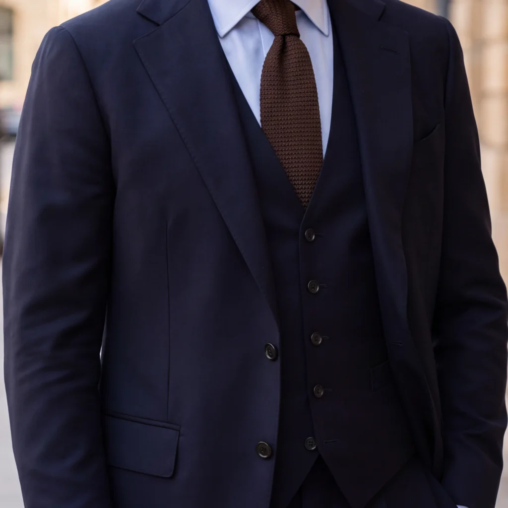 Brown silk grenadine tie, cropped detail of the pattern and fabric in the styling image.