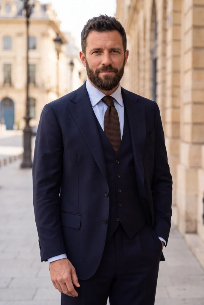 Cravate marron en soie, portée avec une chemise et un costume.