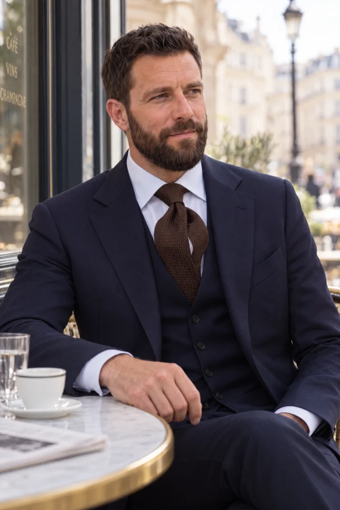 Brown silk grenadine tie, worn with a shirt and suit.