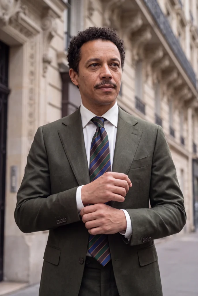Cravate multi rayures en soie, portée avec une chemise et un costume.