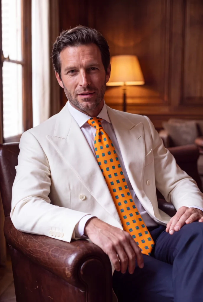 Cravate orange à motifs en soie, portée avec une chemise et un costume.