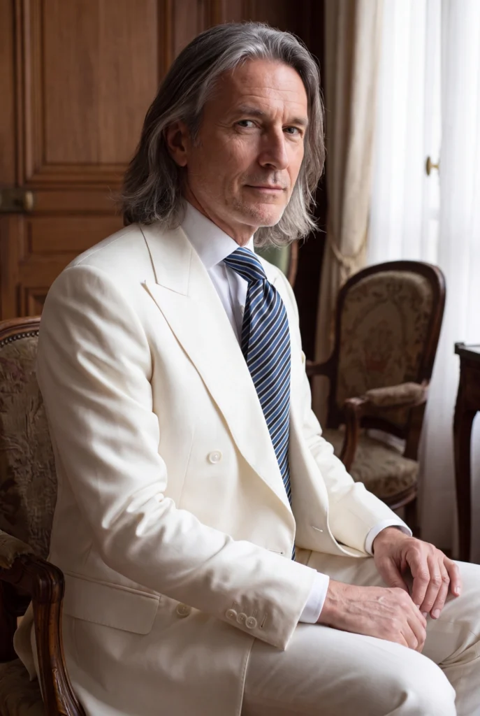 Cravate rayée bleue en soie, portée avec une chemise et un costume.