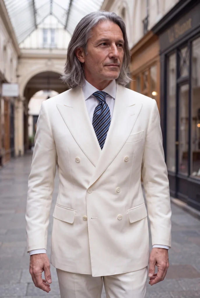 Cravate rayée bleue en soie, portée avec une chemise et un costume.