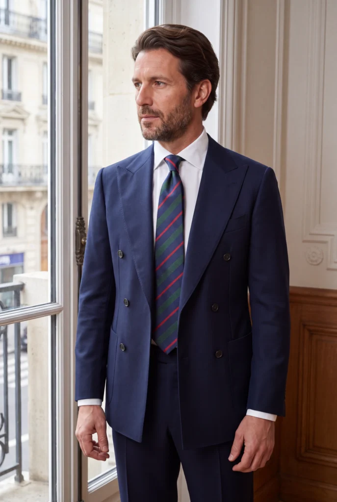 Cravate rayures en soie, portée avec une chemise et un costume.