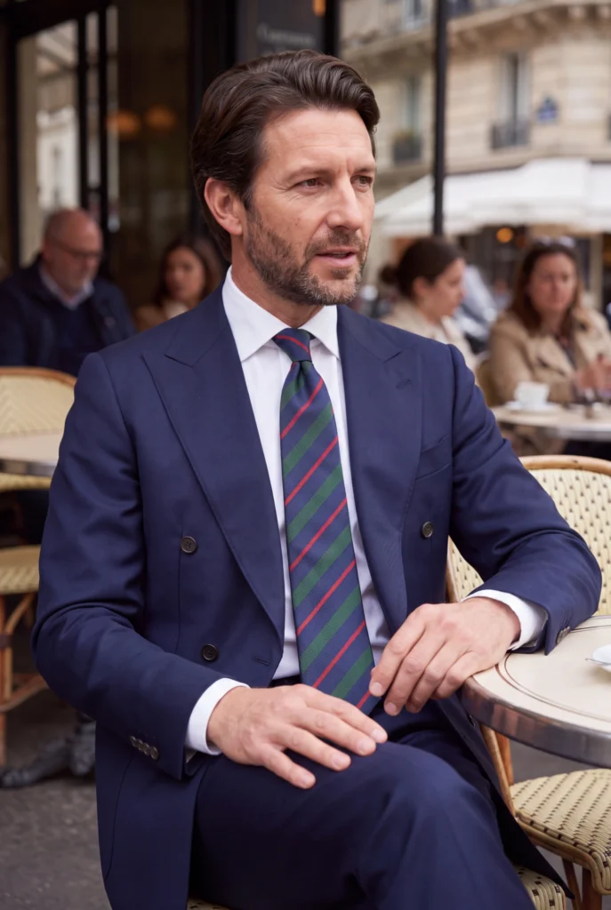 Cravate rayures en soie, portée avec une chemise et un costume.