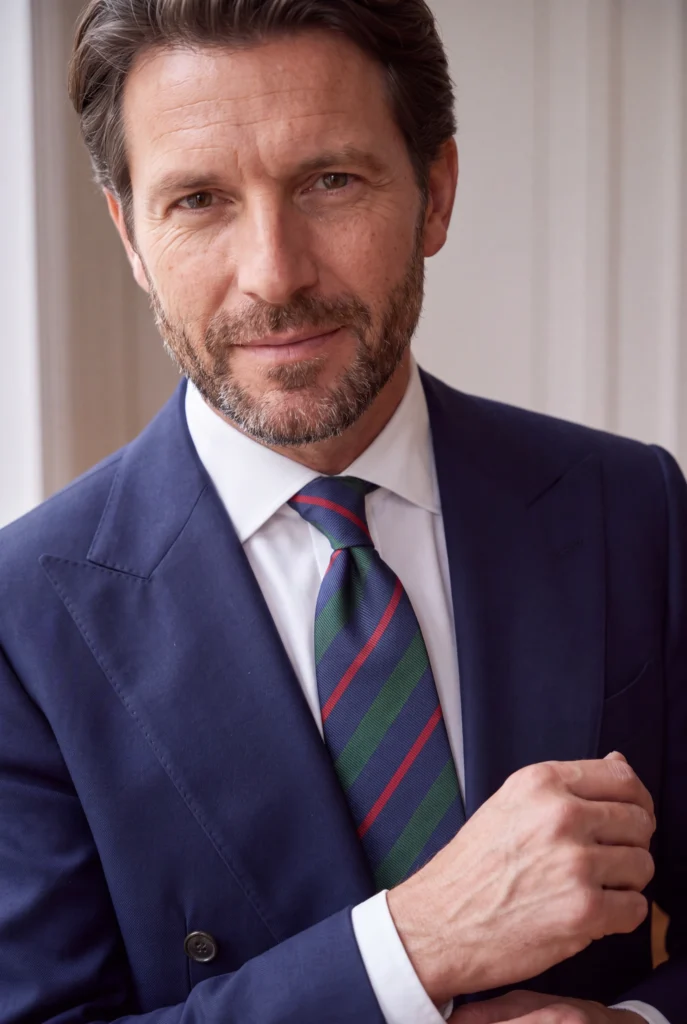 Cravate rayures en soie, portée avec une chemise et une veste, vue rapprochée.
