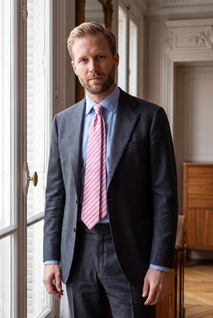 Cravate rose à rayures en soie, portée avec une chemise et un costume.