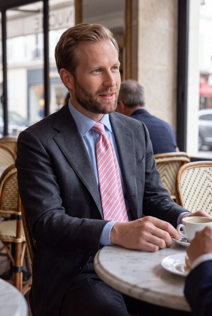 Cravate rose à rayures en soie, portée avec une chemise et un costume.