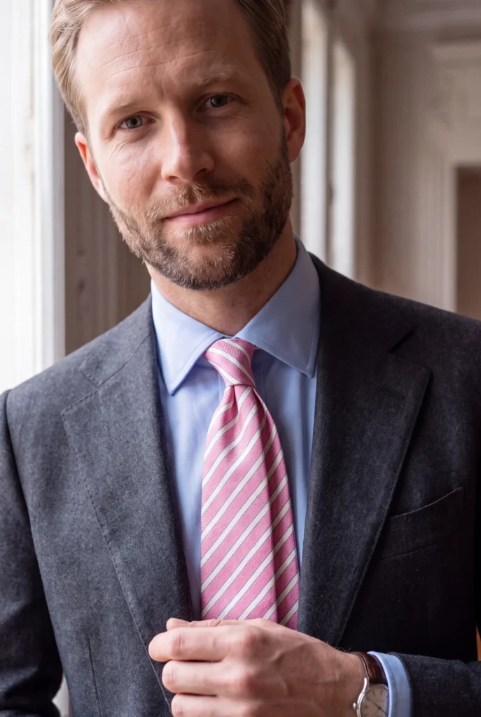Cravate rose à rayures en soie, portée avec une chemise et une veste, vue rapprochée.